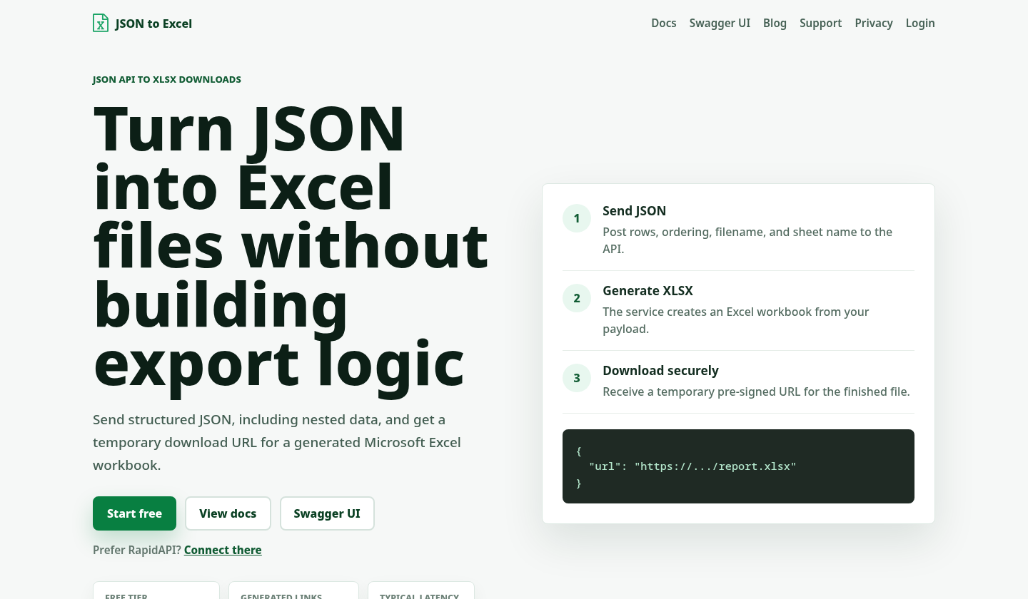 The JSON-to-Excel product homepage showing its API workflow